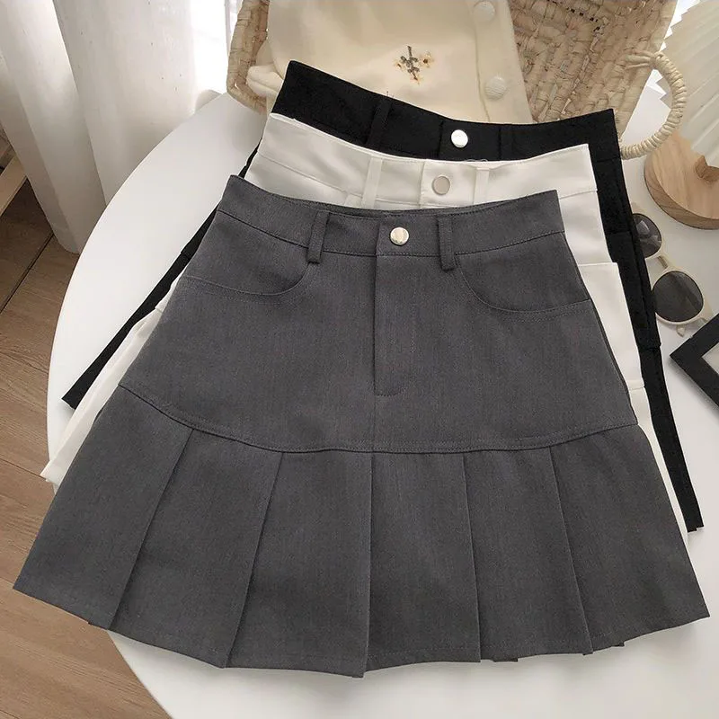 sudojo Fashion Women Pleated Skirts Korean High Waist Button Mini Skirts Elegant All Match Female A Line Skirt Summer New