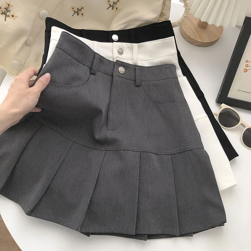 sudojo Fashion Women Pleated Skirts Korean High Waist Button Mini Skirts Elegant All Match Female A Line Skirt Summer New