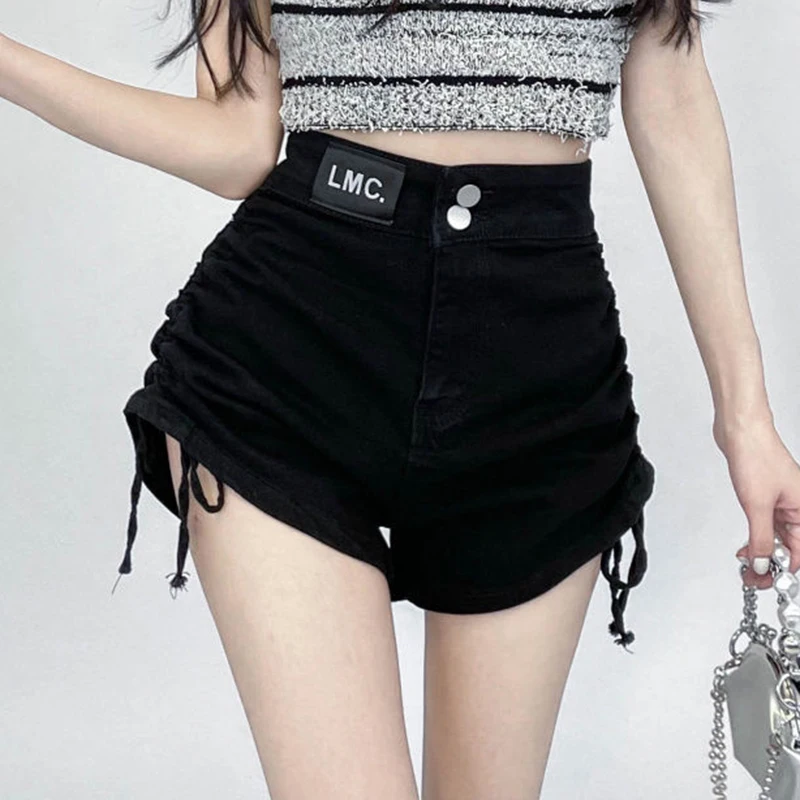 sudojo High Waist Black Denim Shorts Korean Fashion Shirring A Line Shorts Casual All Match Female Button Shorts New