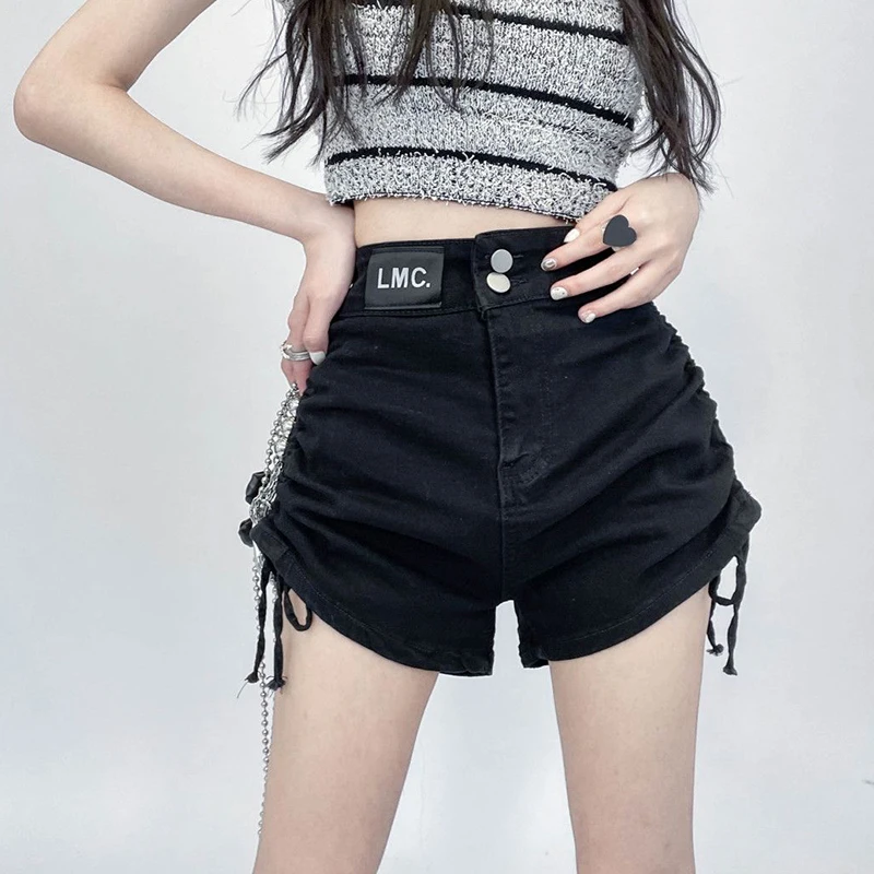 sudojo High Waist Black Denim Shorts Korean Fashion Shirring A Line Shorts Casual All Match Female Button Shorts New