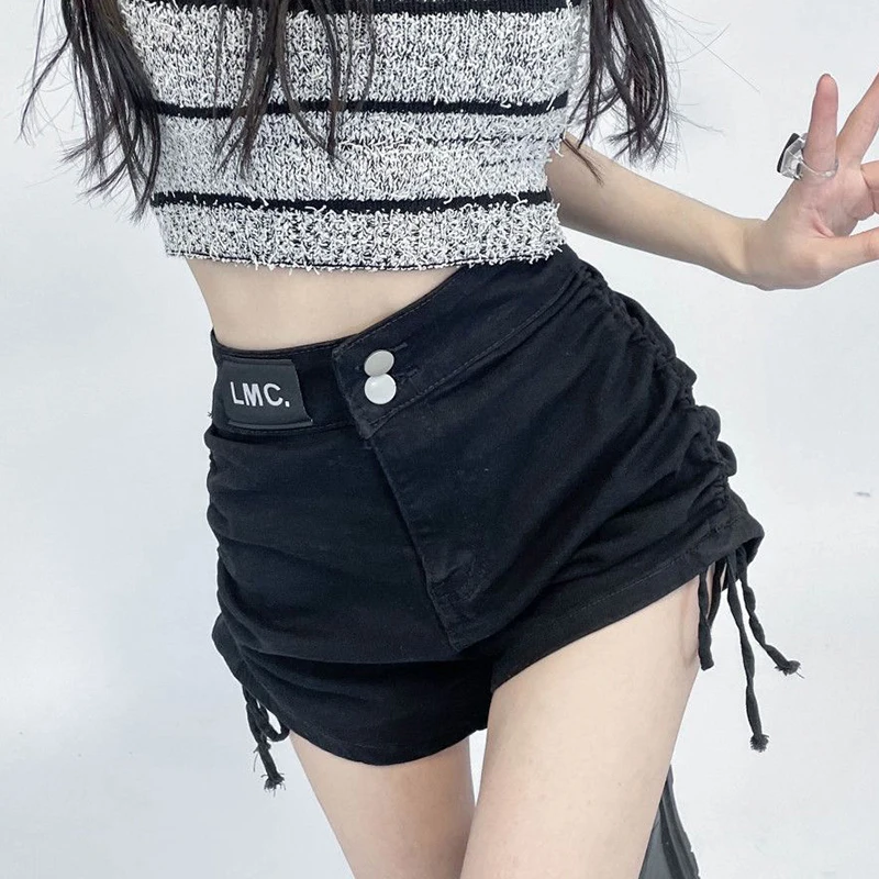 sudojo High Waist Black Denim Shorts Korean Fashion Shirring A Line Shorts Casual All Match Female Button Shorts New