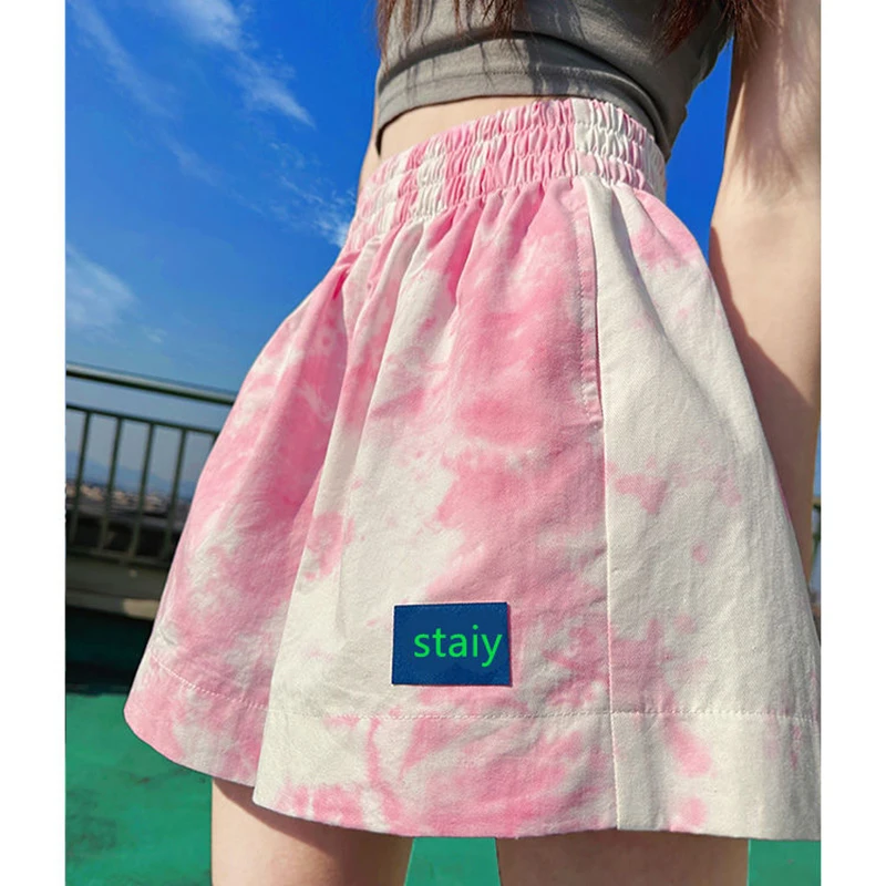 sudojo High Waist Women Sports Shorts Summer Korean Tie Dye Loose Wide Leg Pants Casual Female Streetwear Fluorescent Pink Shorts