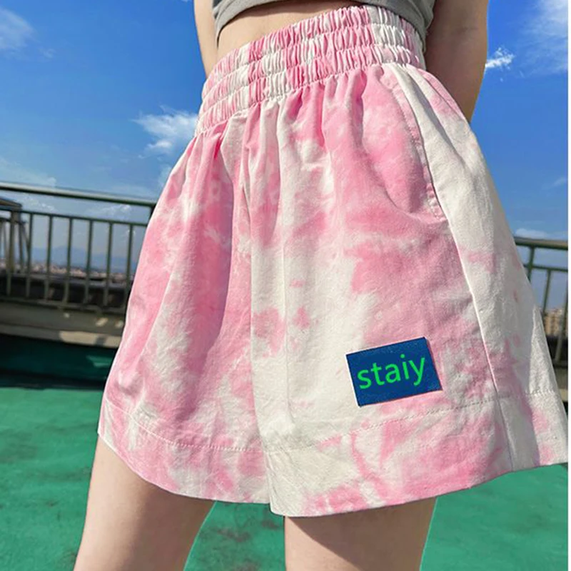 sudojo High Waist Women Sports Shorts Summer Korean Tie Dye Loose Wide Leg Pants Casual Female Streetwear Fluorescent Pink Shorts