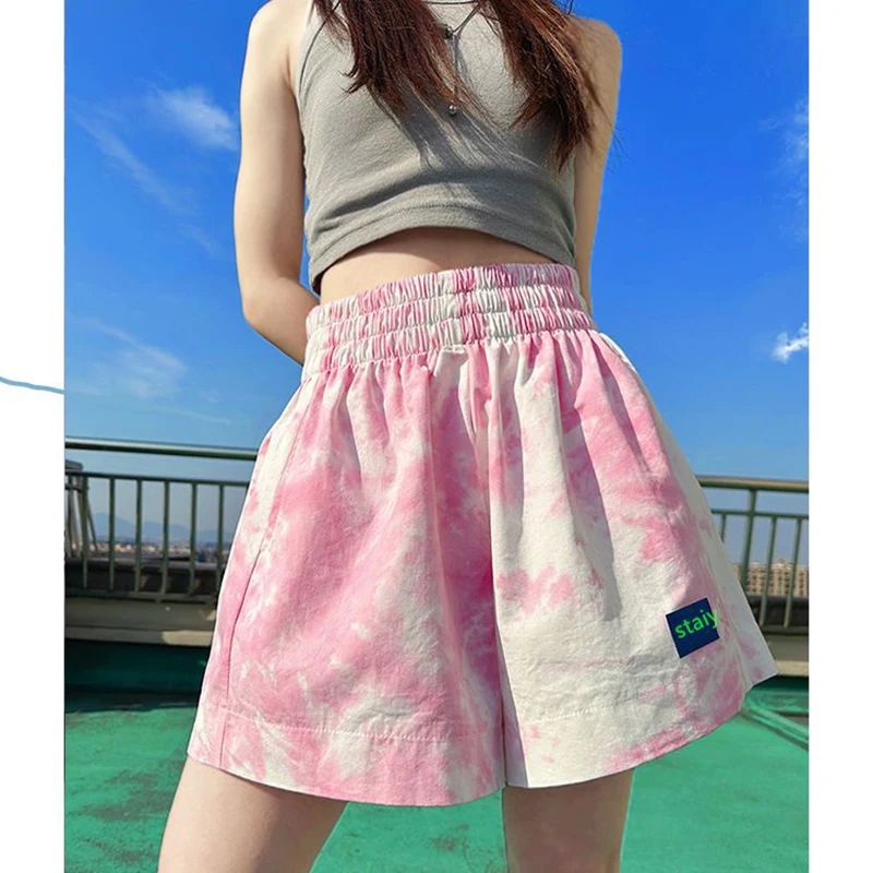 sudojo High Waist Women Sports Shorts Summer Korean Tie Dye Loose Wide Leg Pants Casual Female Streetwear Fluorescent Pink Shorts