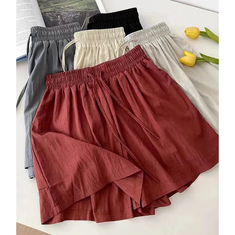 sudojo Summer Folds Ice Silk Shorts Women Korean Streetwear Loose Wide Leg Pants Fashion Casual Female High Waist Shorts New