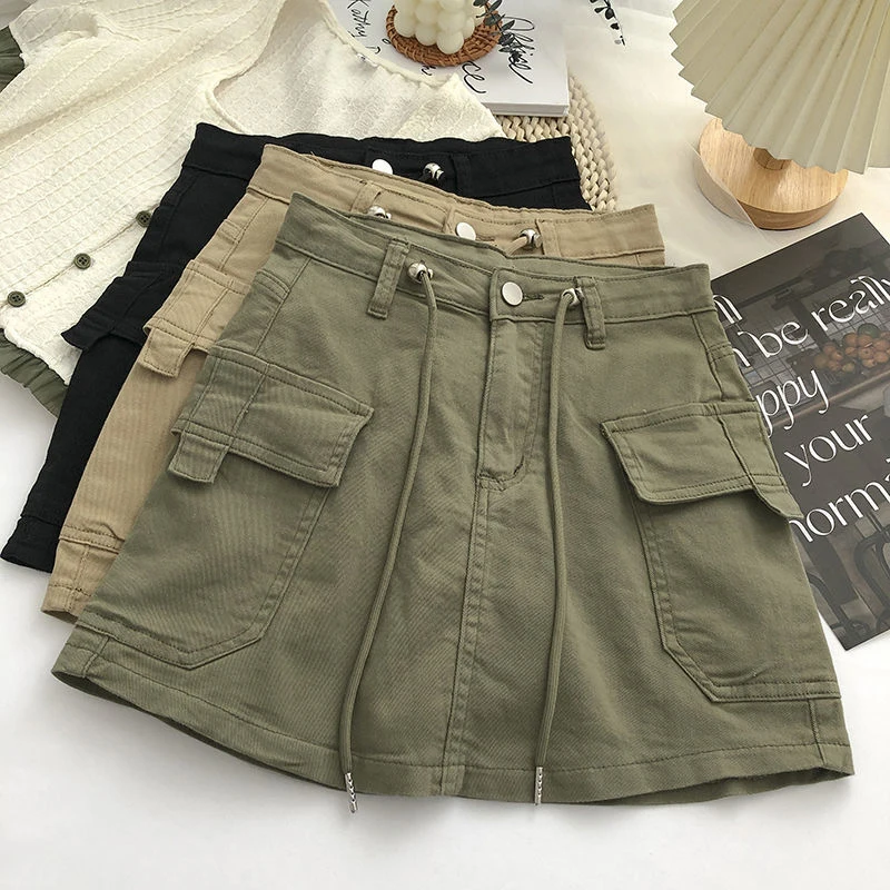 sudojo Vintage Women A Line Skirt Korean Streetwear High Waist Mini Skirt Y2K Casual All Match Female Pocket Cargo Skirt New