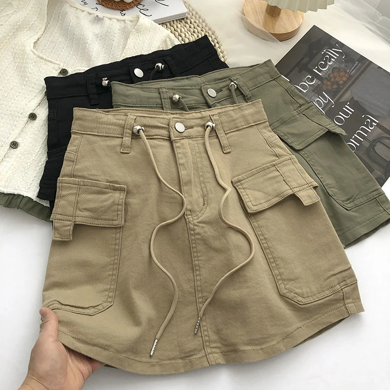 sudojo Vintage Women A Line Skirt Korean Streetwear High Waist Mini Skirt Y2K Casual All Match Female Pocket Cargo Skirt New