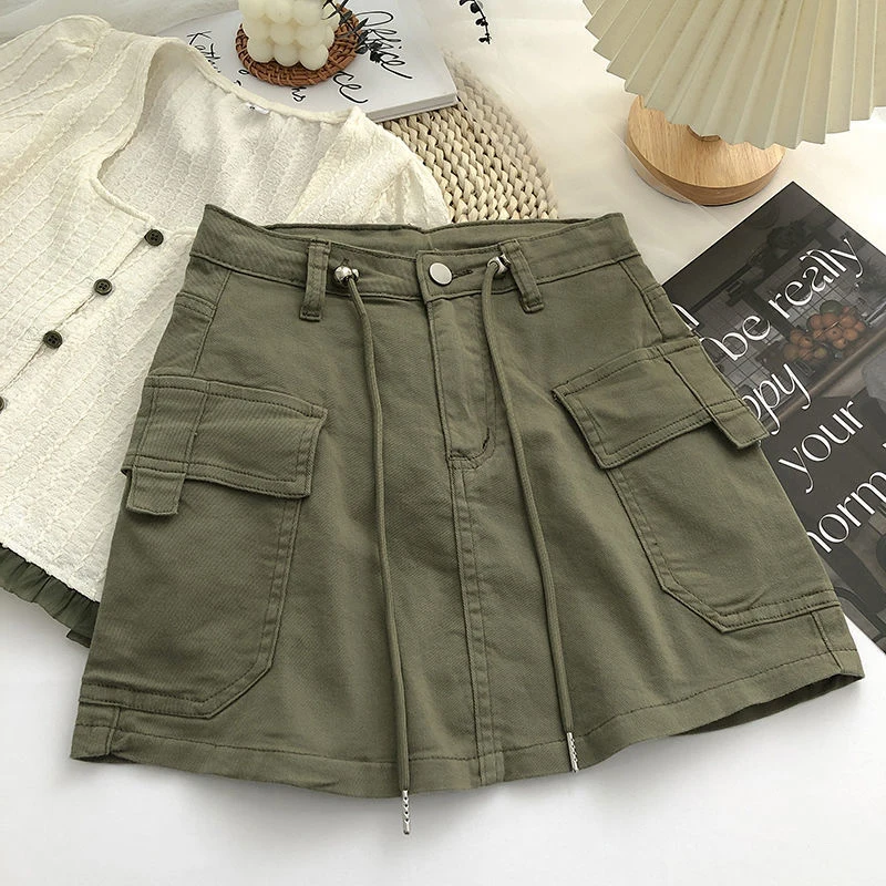 sudojo Vintage Women A Line Skirt Korean Streetwear High Waist Mini Skirt Y2K Casual All Match Female Pocket Cargo Skirt New