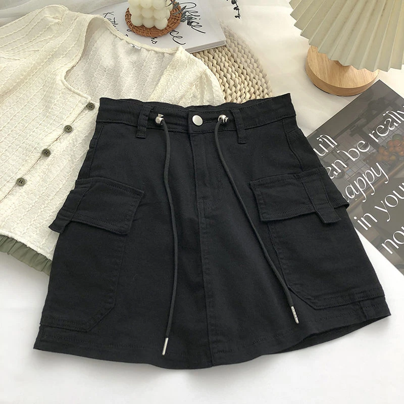 sudojo Vintage Women A Line Skirt Korean Streetwear High Waist Mini Skirt Y2K Casual All Match Female Pocket Cargo Skirt New