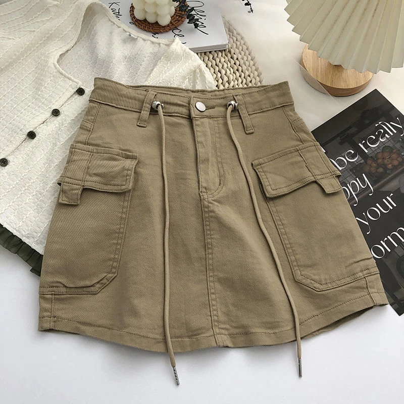 sudojo Vintage Women A Line Skirt Korean Streetwear High Waist Mini Skirt Y2K Casual All Match Female Pocket Cargo Skirt New