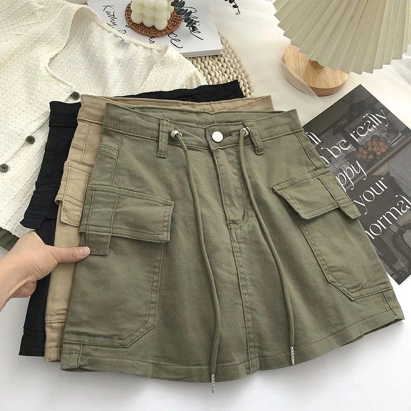 sudojo Vintage Women A Line Skirt Korean Streetwear High Waist Mini Skirt Y2K Casual All Match Female Pocket Cargo Skirt New