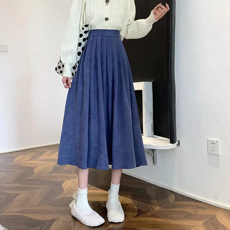 sudojo Vintage Women High Waist Pleated Skirt Korean Elegant College Style Midi Skirt Casual All Match Student A Line Skirts New