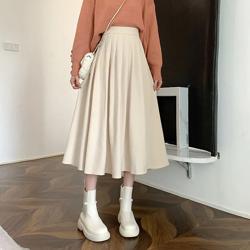 sudojo Vintage Women High Waist Pleated Skirt Korean Elegant College Style Midi Skirt Casual All Match Student A Line Skirts New