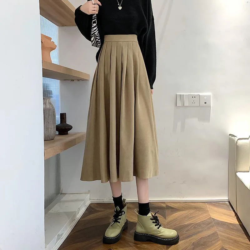 sudojo Vintage Women High Waist Pleated Skirt Korean Elegant College Style Midi Skirt Casual All Match Student A Line Skirts New