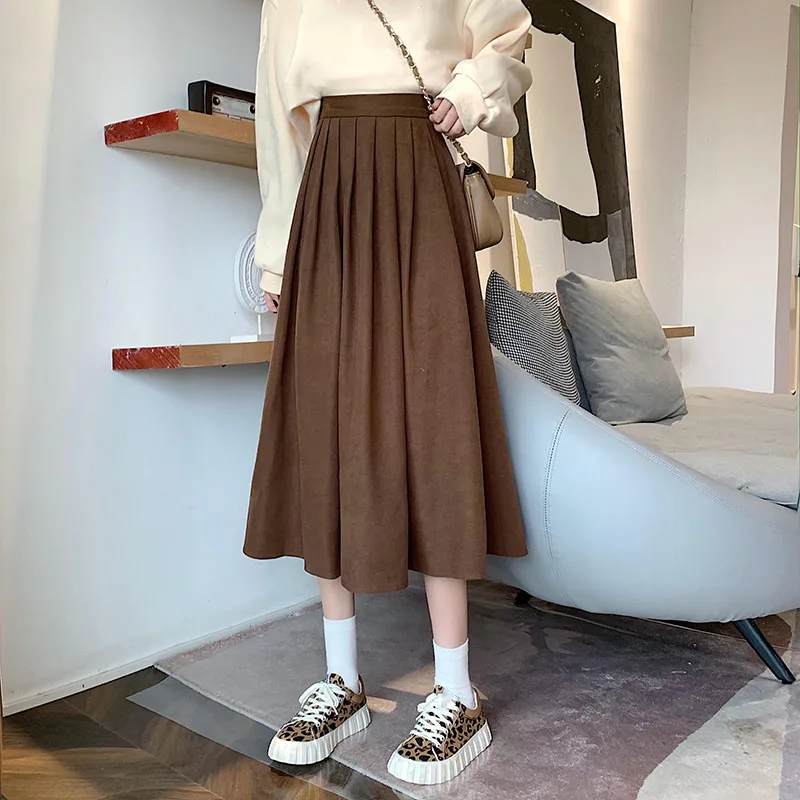 sudojo Vintage Women High Waist Pleated Skirt Korean Elegant College Style Midi Skirt Casual All Match Student A Line Skirts New