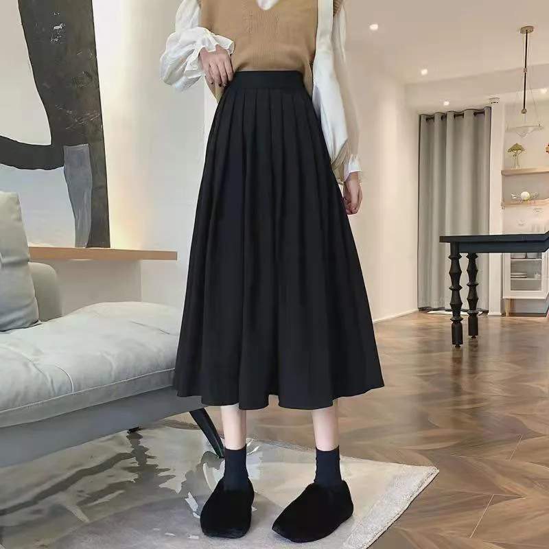 sudojo Vintage Women High Waist Pleated Skirt Korean Elegant College Style Midi Skirt Casual All Match Student A Line Skirts New