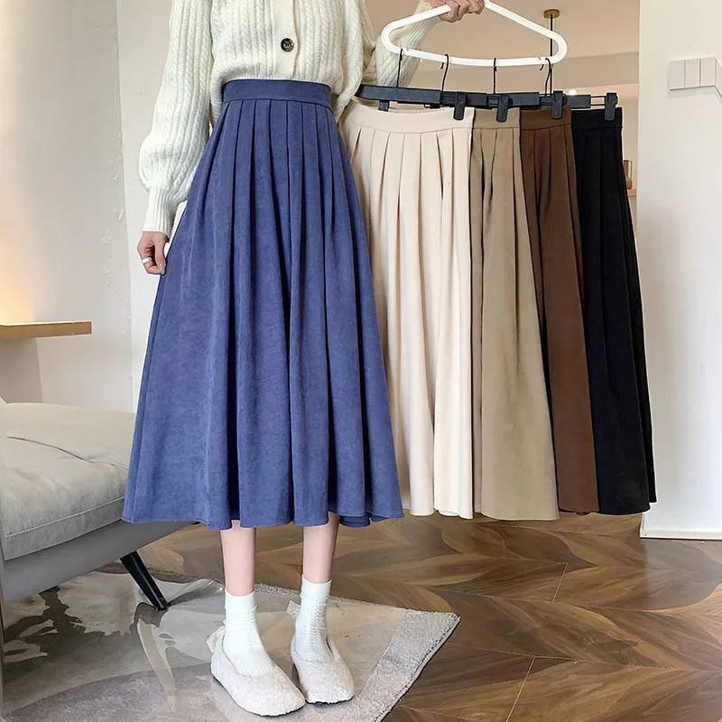 sudojo Vintage Women High Waist Pleated Skirt Korean Elegant College Style Midi Skirt Casual All Match Student A Line Skirts New