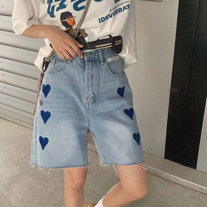 sudojo Women High Waist Denim Shorts Korean Fashion Love Embroidered Wide Leg Pants Female Streetwear Tassel Loose Jeans New