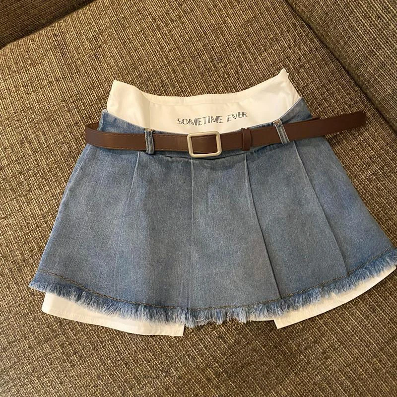 sudojo High Waist Women Denim Skirts Summer Korean Patchwork Casual Mini Skirts Streetwear Female Tassels A Line Jeans Skirts