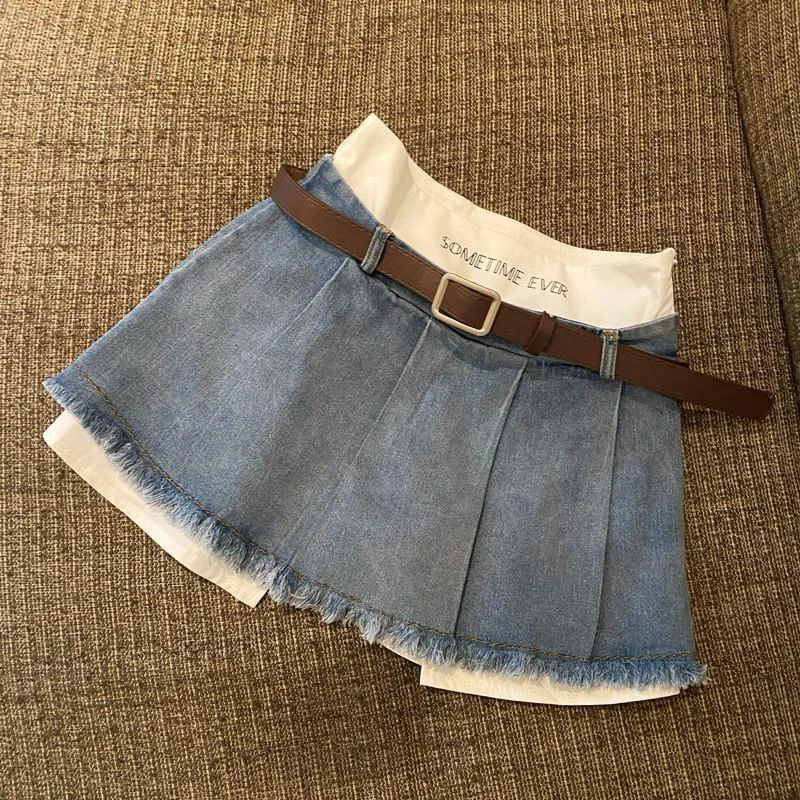 sudojo High Waist Women Denim Skirts Summer Korean Patchwork Casual Mini Skirts Streetwear Female Tassels A Line Jeans Skirts