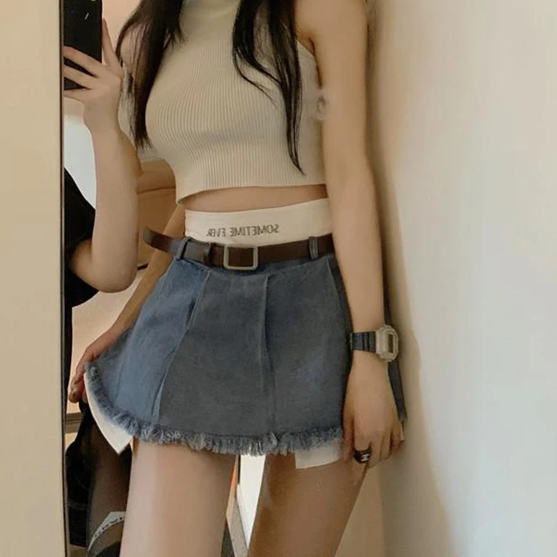 sudojo High Waist Women Denim Skirts Summer Korean Patchwork Casual Mini Skirts Streetwear Female Tassels A Line Jeans Skirts