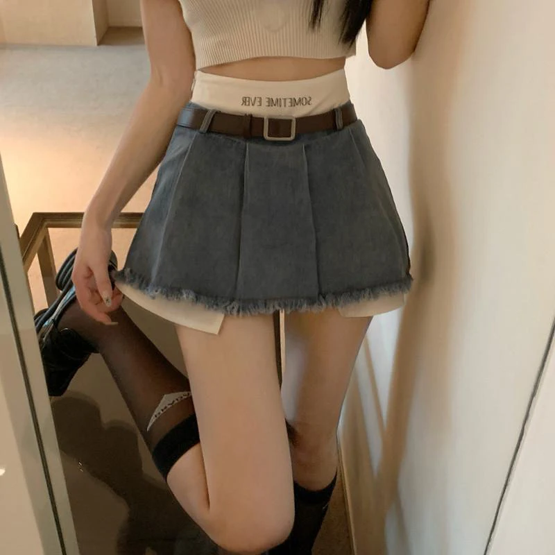 sudojo High Waist Women Denim Skirts Summer Korean Patchwork Casual Mini Skirts Streetwear Female Tassels A Line Jeans Skirts