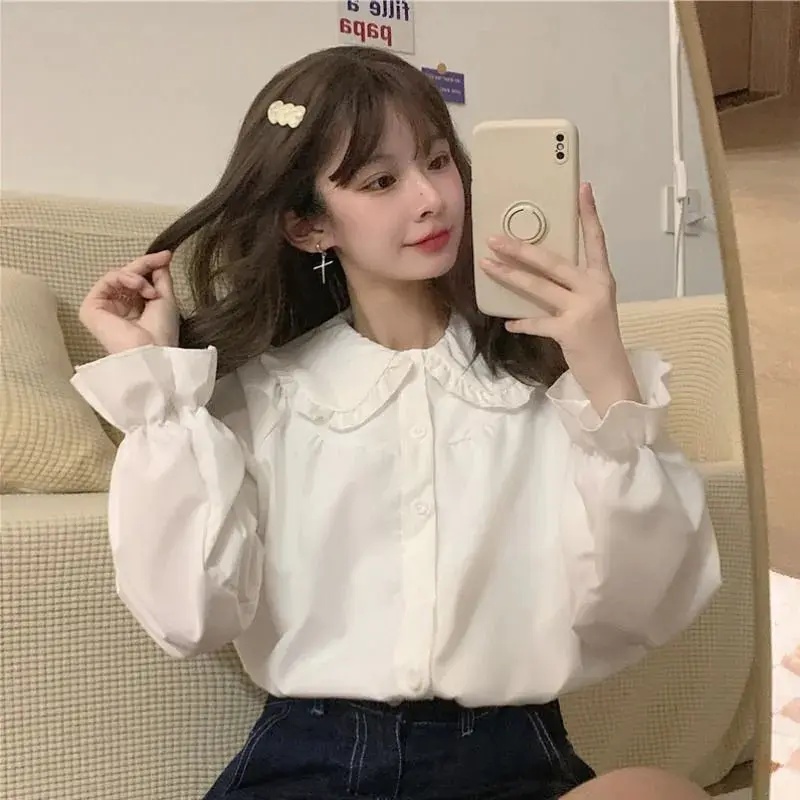 sudojo Vintage Women White Shirt Preppy Style Fashion Elegant Female Long Sleeve Blouse Y2K Sweet Kawaii All Match Shirts