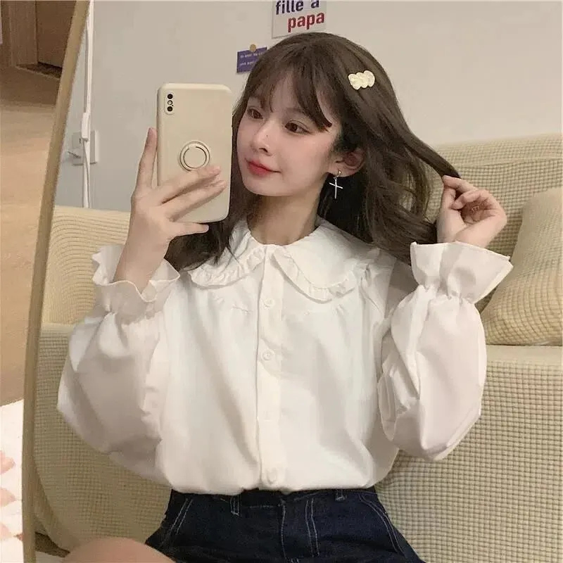 sudojo Vintage Women White Shirt Preppy Style Fashion Elegant Female Long Sleeve Blouse Y2K Sweet Kawaii All Match Shirts