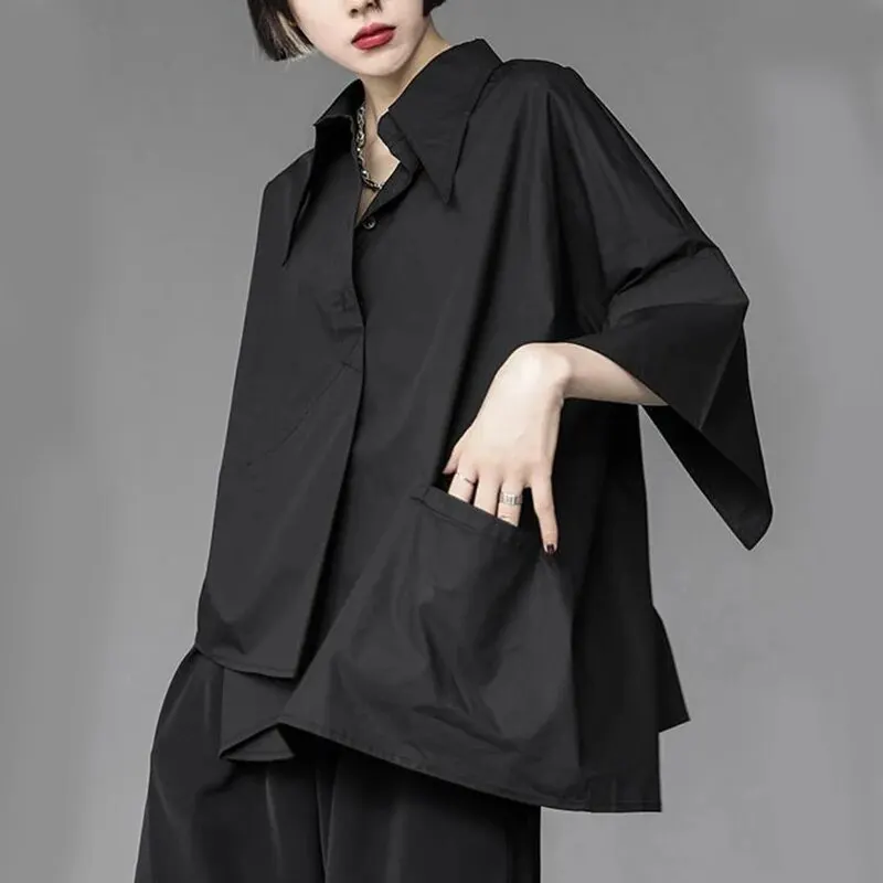 sudojo Women Chiffon Black Shirt Gothic Fashion Streetwear Loose Tops Dark Academic Irregular Casual Three Quarter Female Blouse