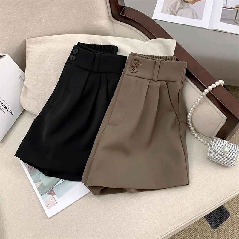 sudojo Women High Waist Suit Shorts Summer Casual All Match Loose Shorts Y2K Female Korean Solid Button Wide Leg Pants New