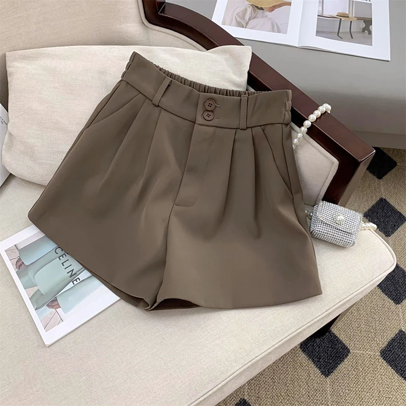 sudojo Women High Waist Suit Shorts Summer Casual All Match Loose Shorts Y2K Female Korean Solid Button Wide Leg Pants New