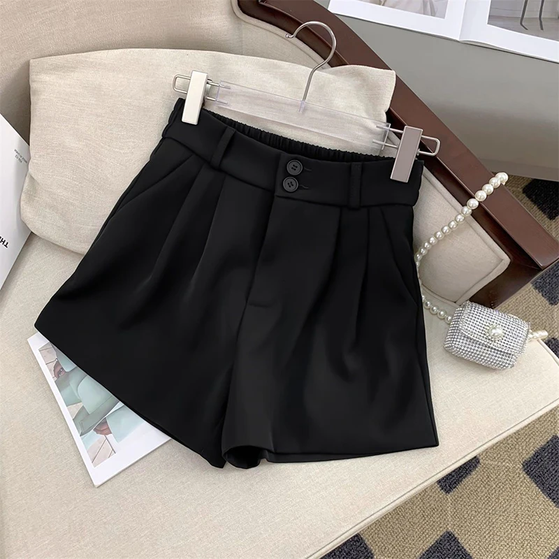 sudojo Women High Waist Suit Shorts Summer Casual All Match Loose Shorts Y2K Female Korean Solid Button Wide Leg Pants New