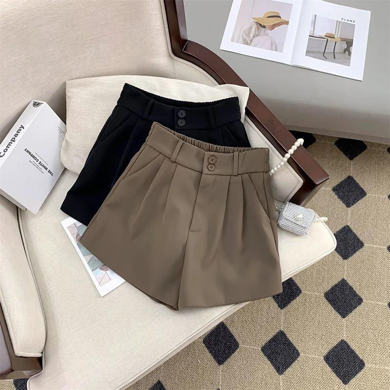 sudojo Women High Waist Suit Shorts Summer Casual All Match Loose Shorts Y2K Female Korean Solid Button Wide Leg Pants New