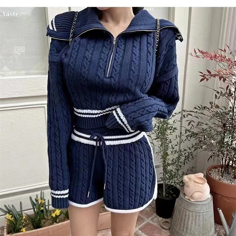 sudojo Women Twist Knit 2 Piece Set Korean Fashion Zipper Loose Long Sleeve Tops Casual All Match Female High Waist Shorts Sets