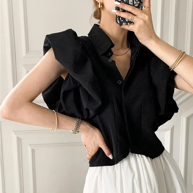 sudojo Y2K Women Chiffon Black Shirts Summer Fashion Elegant Puff Sleeve Tops Korean All Match Female Casual Blouse New