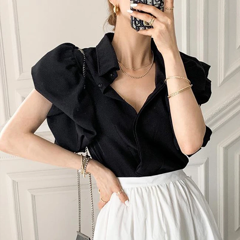 sudojo Y2K Women Chiffon Black Shirts Summer Fashion Elegant Puff Sleeve Tops Korean All Match Female Casual Blouse New