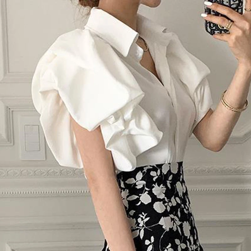 sudojo Y2K Women Chiffon Black Shirts Summer Fashion Elegant Puff Sleeve Tops Korean All Match Female Casual Blouse New