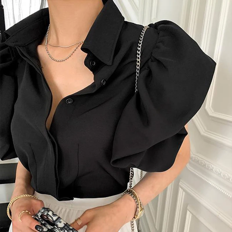 sudojo Y2K Women Chiffon Black Shirts Summer Fashion Elegant Puff Sleeve Tops Korean All Match Female Casual Blouse New