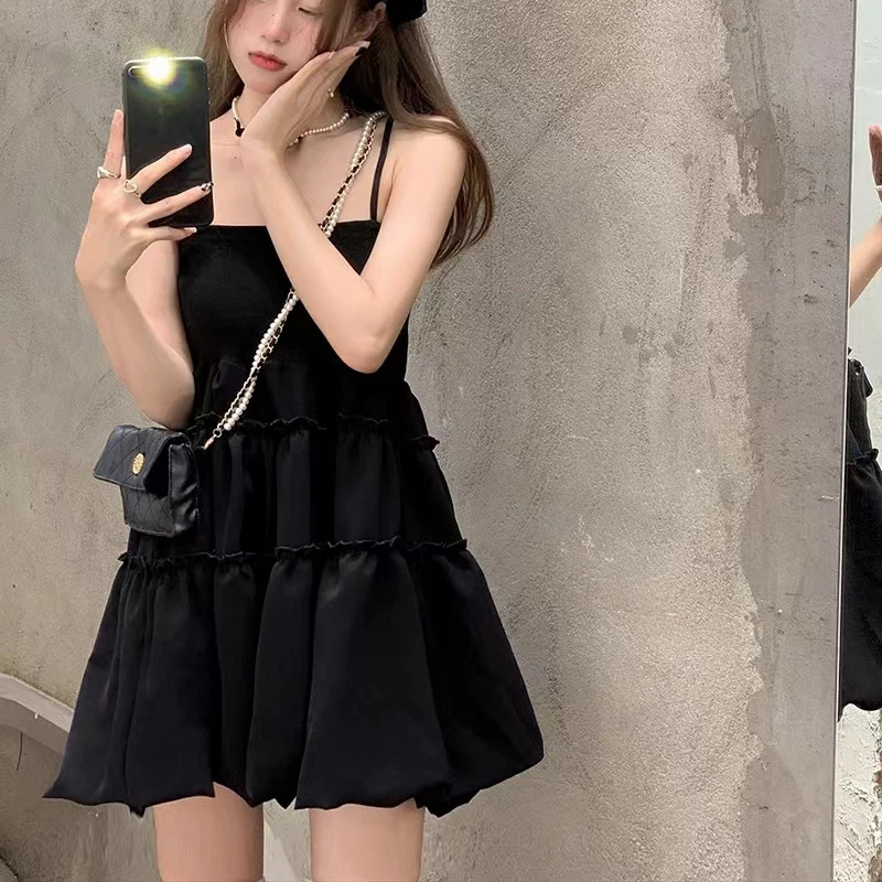 Gothic Black Fluffy Camis Dress Women Summer Fashion Spaghetti Strap White Dress Female Sleeveless Birthday Party Dress New