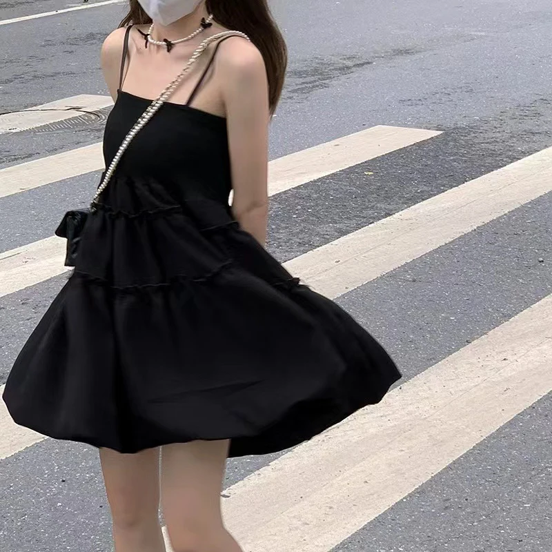 Gothic Black Fluffy Camis Dress Women Summer Fashion Spaghetti Strap White Dress Female Sleeveless Birthday Party Dress New