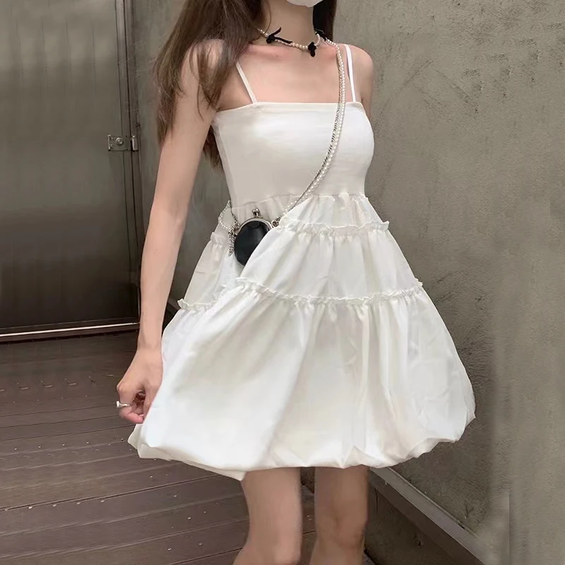 Gothic Black Fluffy Camis Dress Women Summer Fashion Spaghetti Strap White Dress Female Sleeveless Birthday Party Dress New