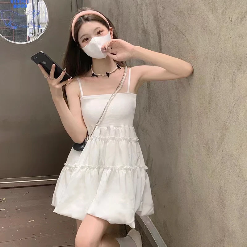 Gothic Black Fluffy Camis Dress Women Summer Fashion Spaghetti Strap White Dress Female Sleeveless Birthday Party Dress New