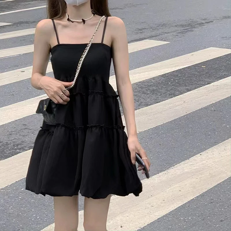 Gothic Black Fluffy Camis Dress Women Summer Fashion Spaghetti Strap White Dress Female Sleeveless Birthday Party Dress New