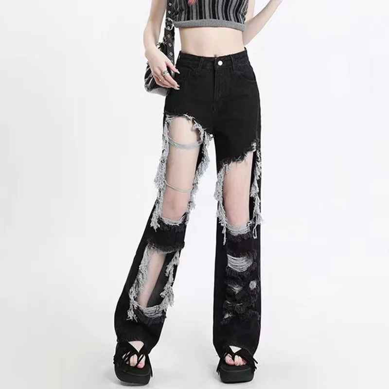 Gothic Black Hole Denim Pants Y2k High Waist Streetwear Loose Chic Straight Pants Korean Hip Hop All-match Wide Leg Jeans New