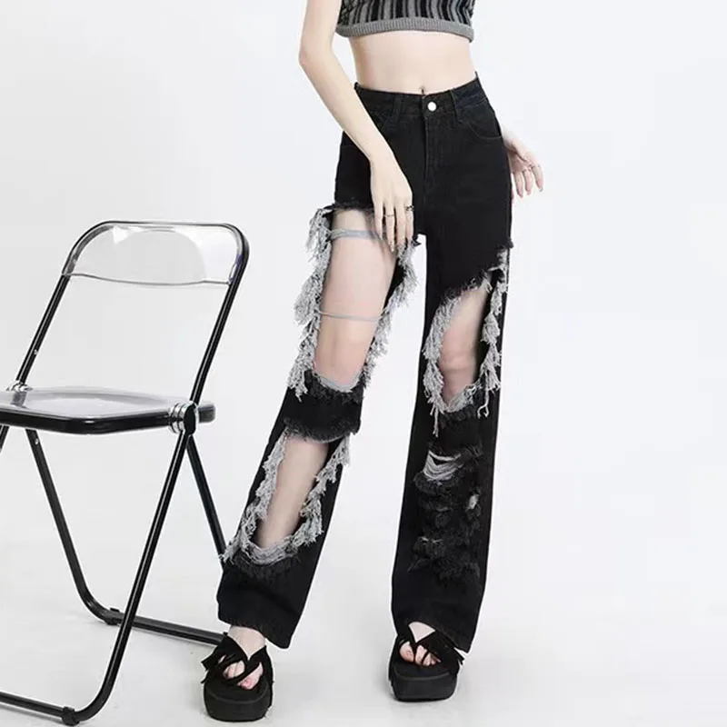 Gothic Black Hole Denim Pants Y2k High Waist Streetwear Loose Chic Straight Pants Korean Hip Hop All-match Wide Leg Jeans New