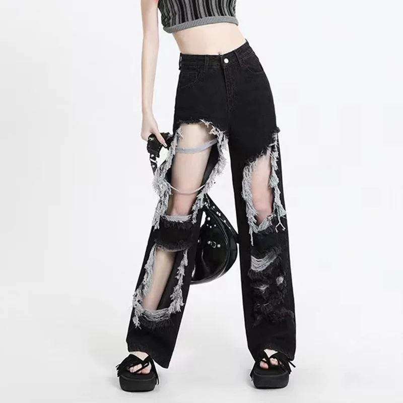 Gothic Black Hole Denim Pants Y2k High Waist Streetwear Loose Chic Straight Pants Korean Hip Hop All-match Wide Leg Jeans New