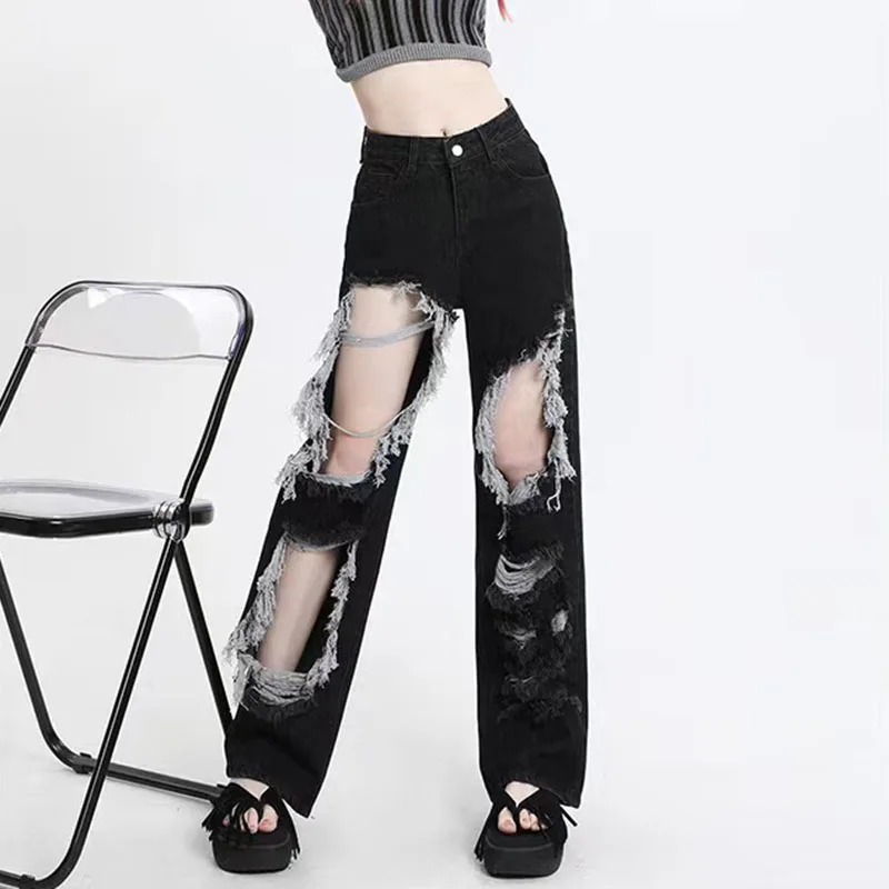 Gothic Black Hole Denim Pants Y2k High Waist Streetwear Loose Chic Straight Pants Korean Hip Hop All-match Wide Leg Jeans New