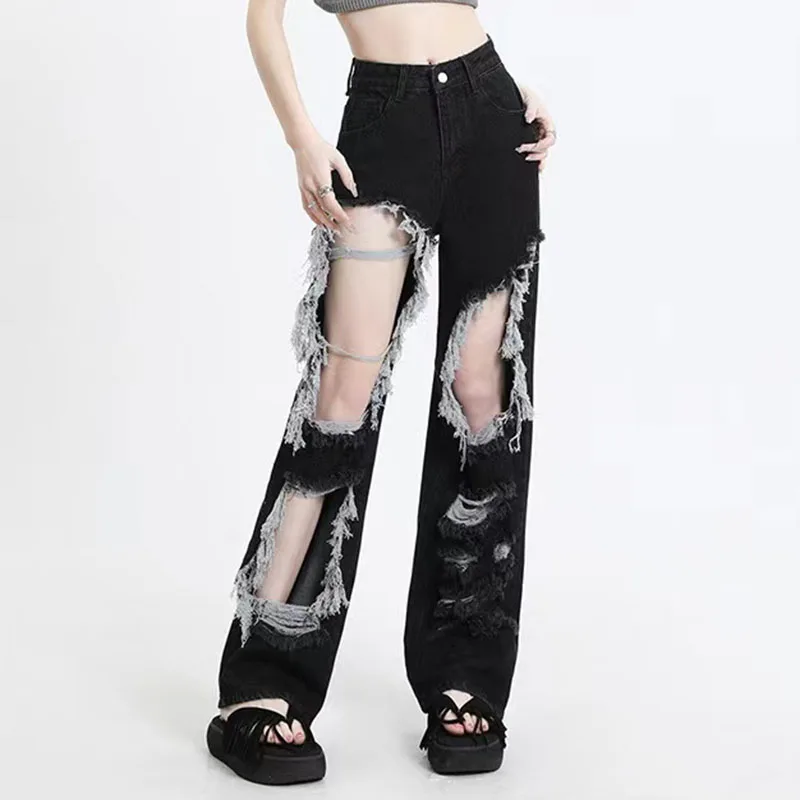 Gothic Black Hole Denim Pants Y2k High Waist Streetwear Loose Chic Straight Pants Korean Hip Hop All-match Wide Leg Jeans New