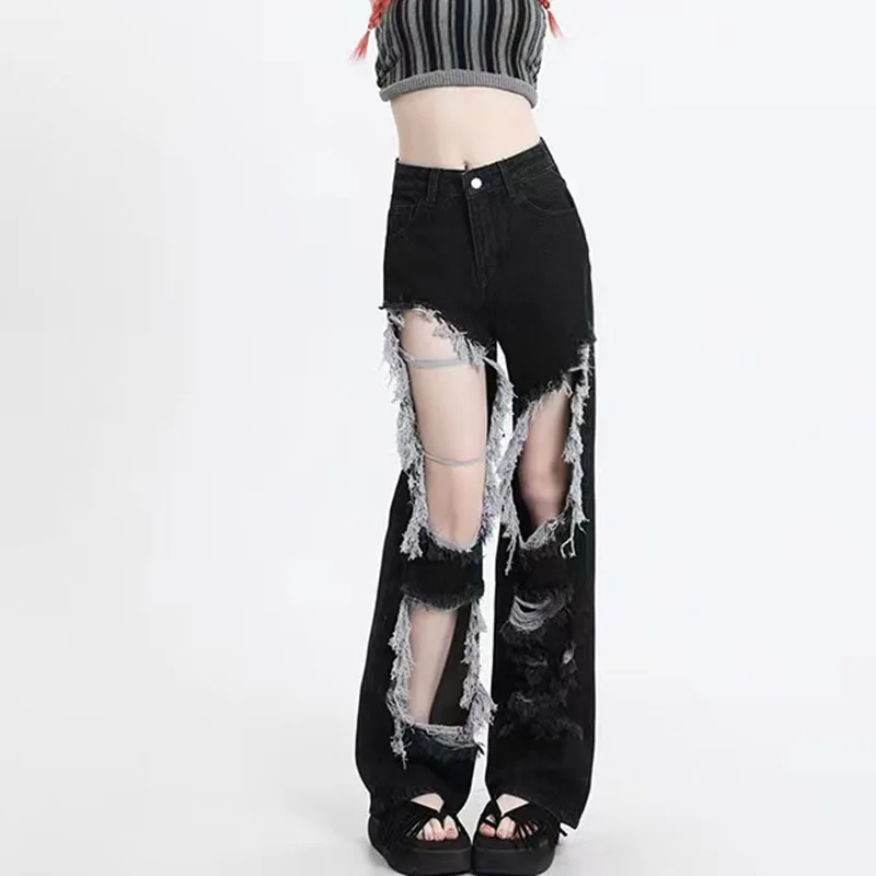 Gothic Black Hole Denim Pants Y2k High Waist Streetwear Loose Chic Straight Pants Korean Hip Hop All-match Wide Leg Jeans New