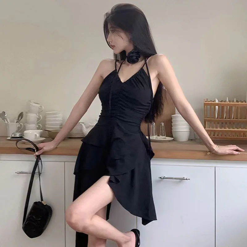 Gothic Black Sling Dress Korean Y2K Korean Chic Rose Halter Irregular Dress Female Fashion Sexy Slim Party Backless Camisole New